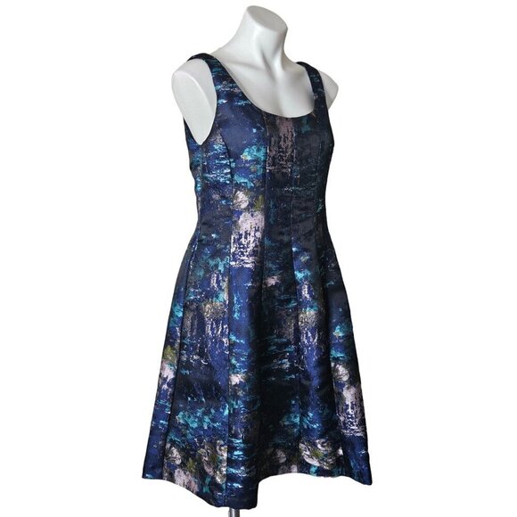 Donna Ricco Blue Brocade Fit & Flare Cocktail Dress, Sleeveless Women's Size 8 - Picture 5 of 13